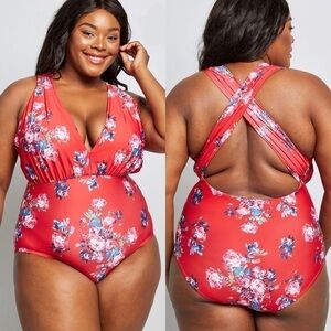 ModCloth Lauren Floral‎ Plunge One Piece Swimsuit Size 1X